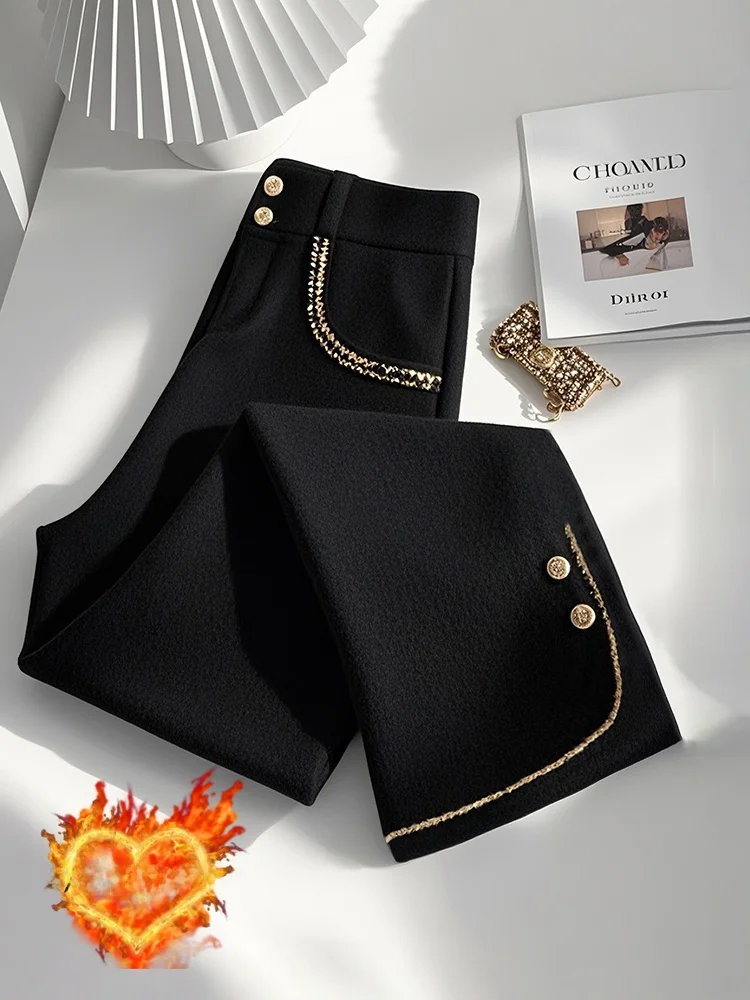 

Женские прямые брюки с высокой талией, утепленные, черные, премиум-класса, корейский стиль, для офиса, с эффектом похудения, для фигуры типа «груша»