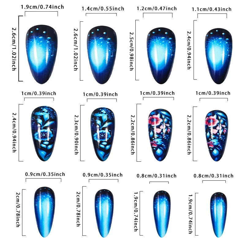 アーモンドプレスオンネイル ブルーアーモンド付け爪 フラワー装着可能 スティックオンネイル フェイクネイル フォーオングル グラデーションプレスオンネイルセット