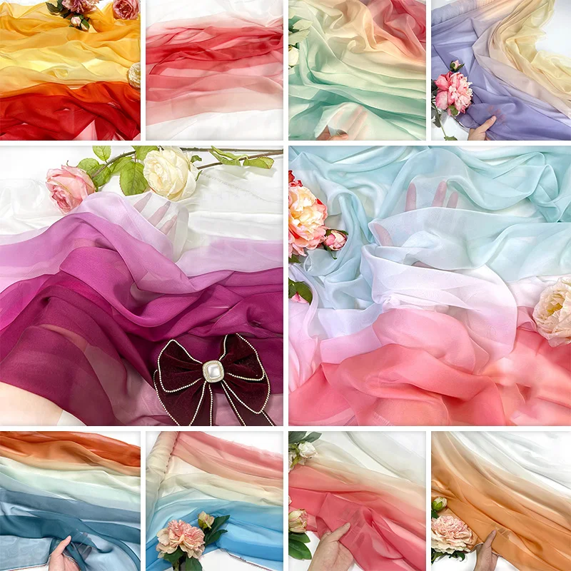 1M Flowy Rainbow Gradient Color Chiffon Fabric Organza Tulle Fabric For Diy Ancient Style Hanfu Wedding Dress Dance Costume