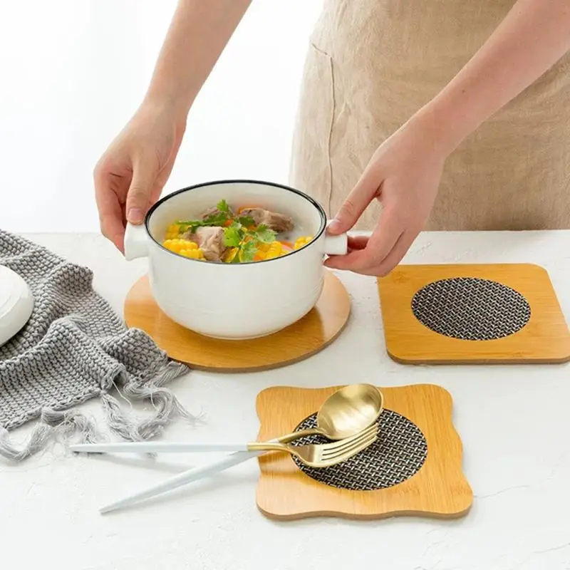 ** Fine Workmanship Wooden Heat Pad With Anti-slip Mat Round Square Coasters Waterproof Anti-Slip Pot Holder Kitchen Kitchenware