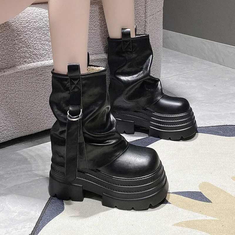 10CM Women's High Platform Warm Fur Motorcycle Boots Punk Buckle Strap Combat Booties Woman Thick Bottom Plush Mid Calf Boots