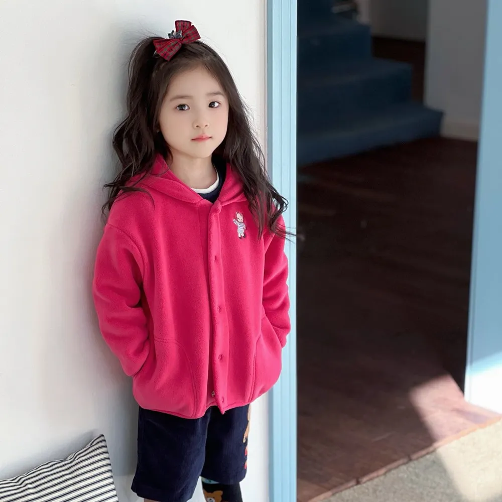 

fall winter kids girls clothes baby coat cotton warm Rose red cartoon teddy bear embroidered fleece hoodie