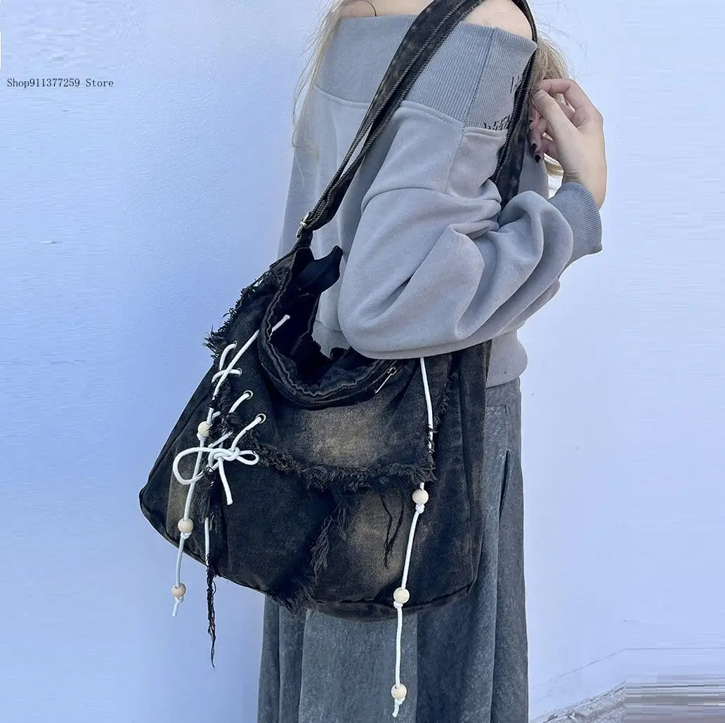 Retro Tassel Canvas Denim Korean Version Versatile Mailman Bag Large Capacity Commuting Crossbody Student Shoulder Bag