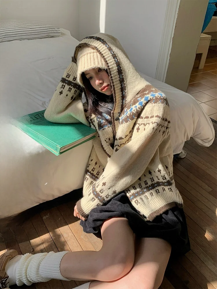 

Осень-зима, женская свободная вязаная шапка, свитер Fce Island, цвет хаки, винтажная толстовка с капюшоном, кардиган, верхняя одежда, топ