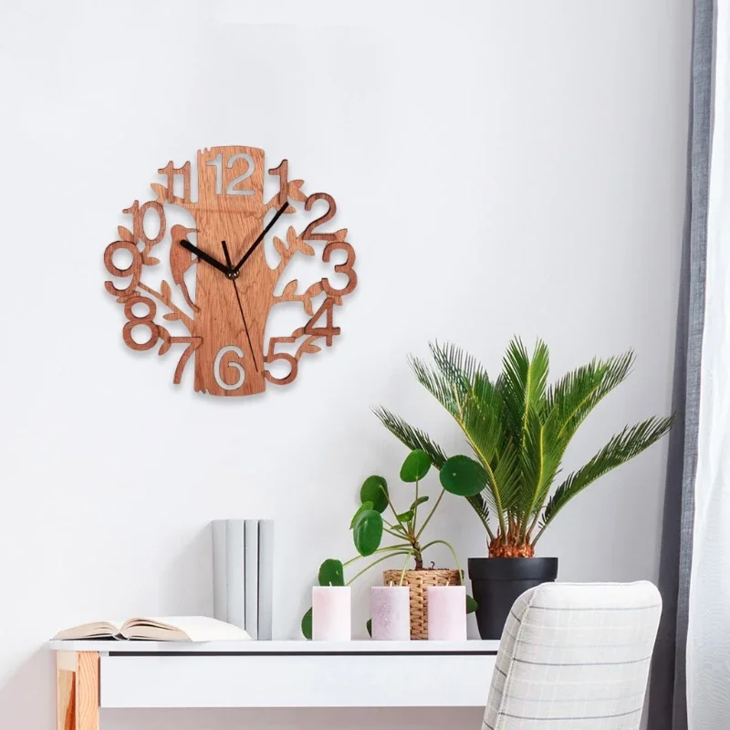 3D Wall Clock 23cm Dia Creative Tree Shaped with Bird Woodenclock Decoration Number Silent Clocks