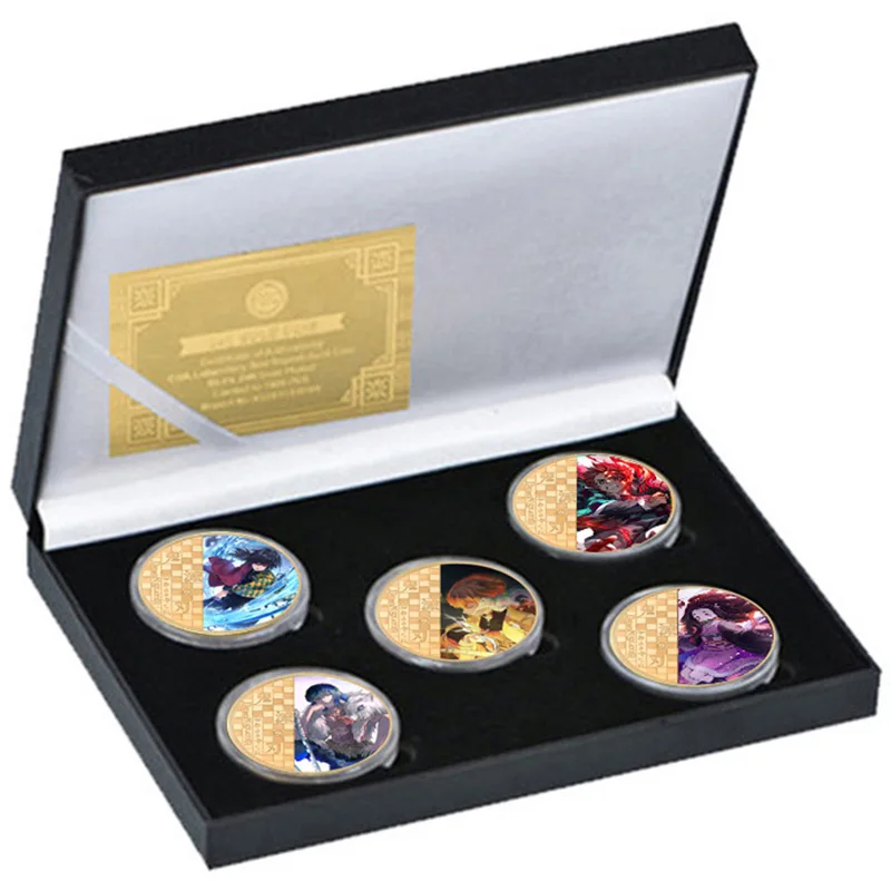 5PCS Anime Demon Slayer Commemorative Coins Gold Kimetsu No Yaiba Metal Souvenir Coin Manga Art Collection Ornaments Decor Gifts