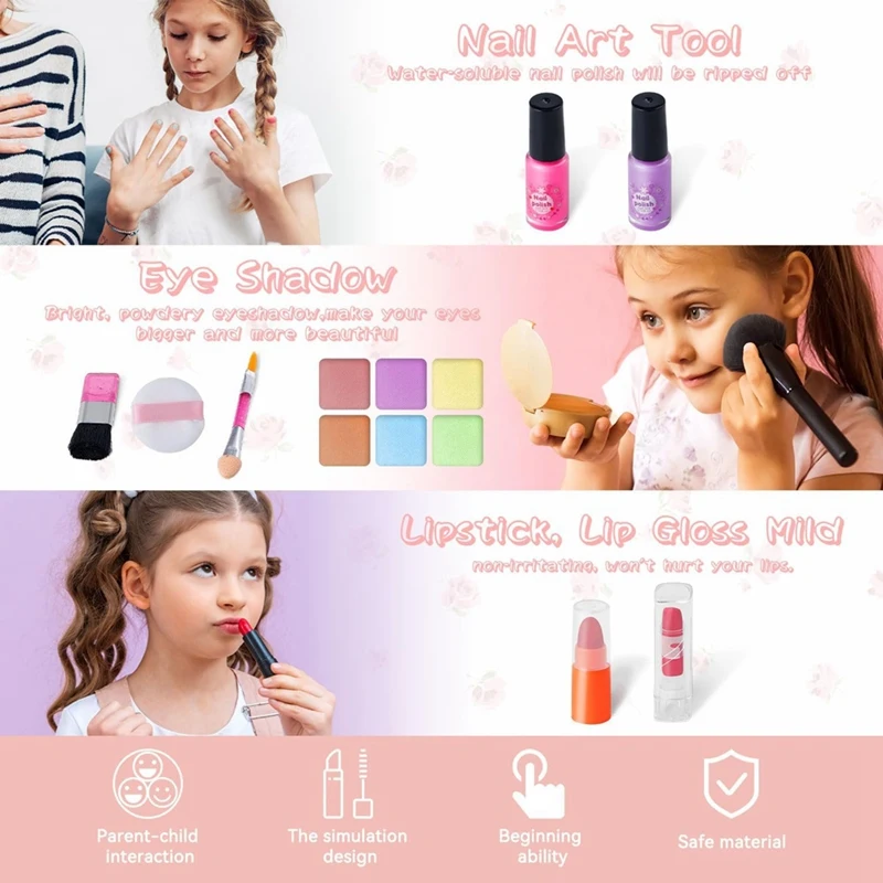 Kids Makeup Kit For Girl With Mirror  Washable Makeup Toys For Little Pretend Play Make Up Set With Handbag For Age 3+