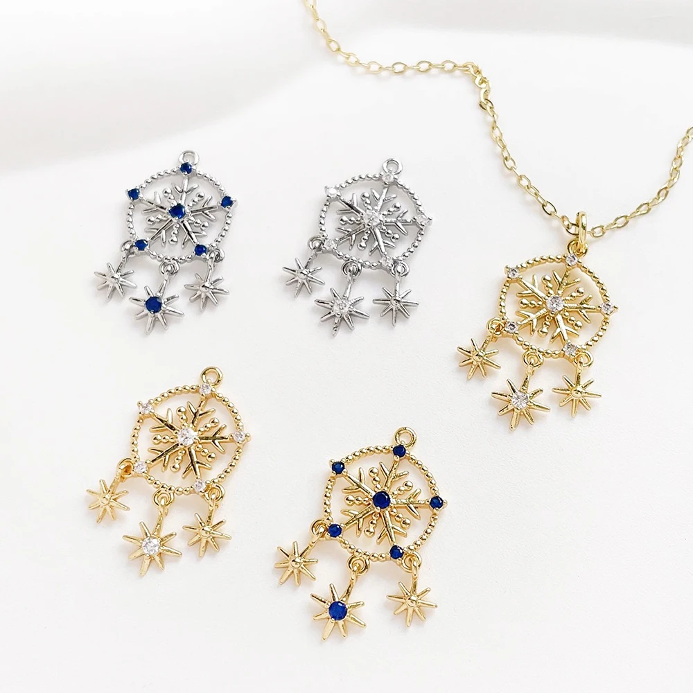 2 Pieces Brass Coated with Gold Zircon Inlaid Hollow Snowflake Shaped Pendant DIY Produces Materials for Jewelry Accessories