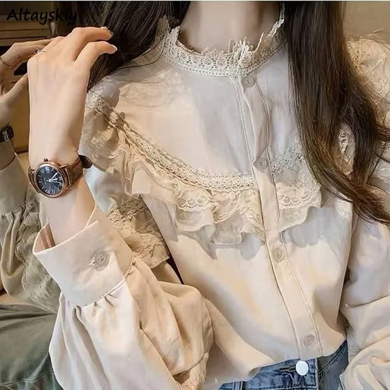 Vintage Shirts Women Apricot Lace Lantern Sleeve Spring French Style Retro Solid Elegant Edible Tree Fungus Sweet Breathable