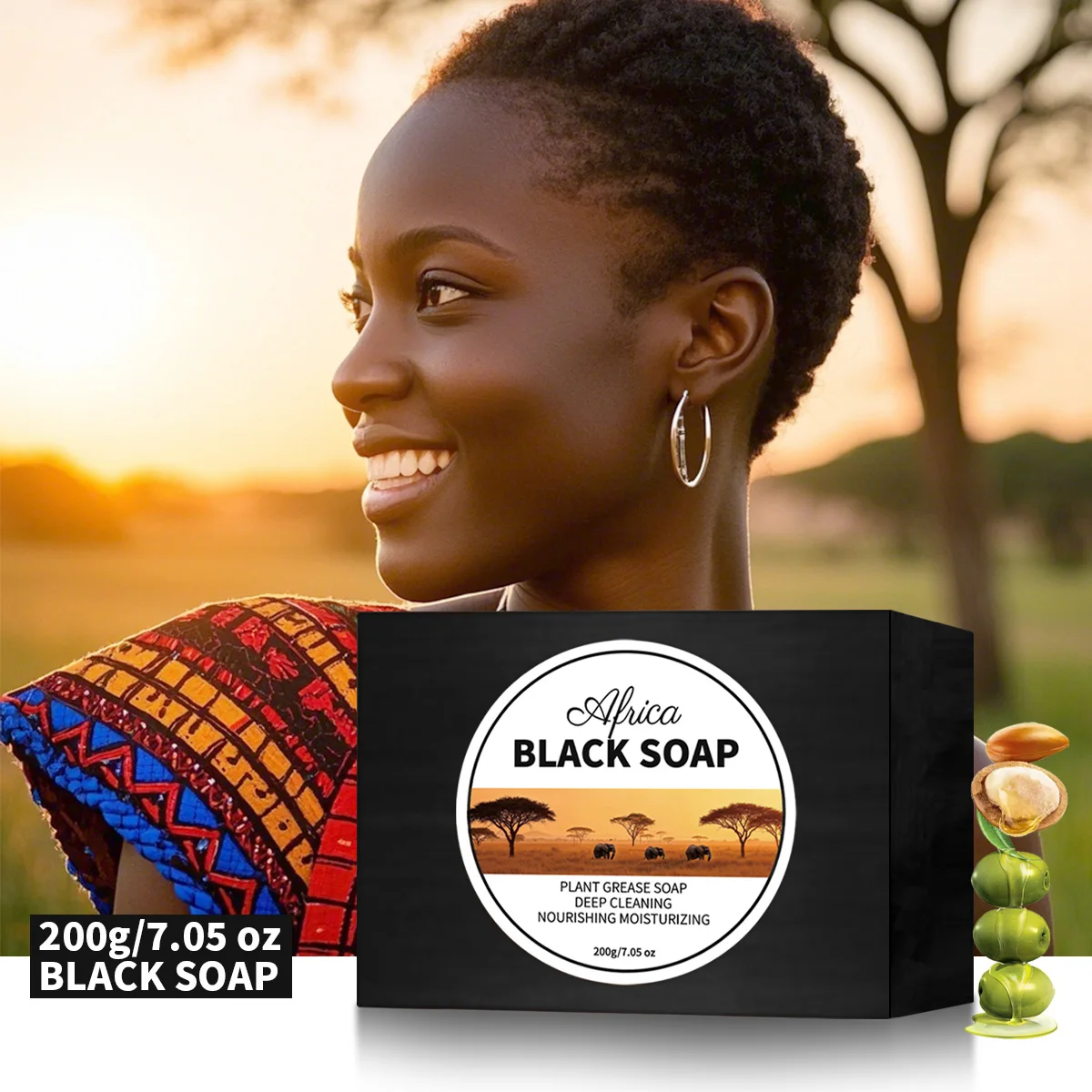 200g Organic African Black Soap Deep Cleansing Soap Whitening Anti-Wrinkle Soap Mites Whitening Oil Control