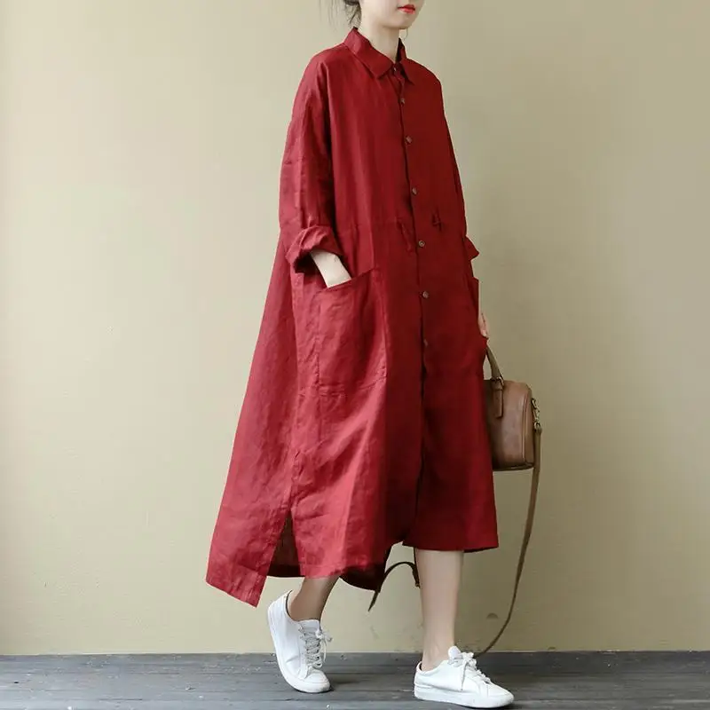 New Arrival Spring Autumn Arts Style Women Turn-down Collar Loose Casual Shirt Dress Single Breasted Cotton Linen Red Dresses