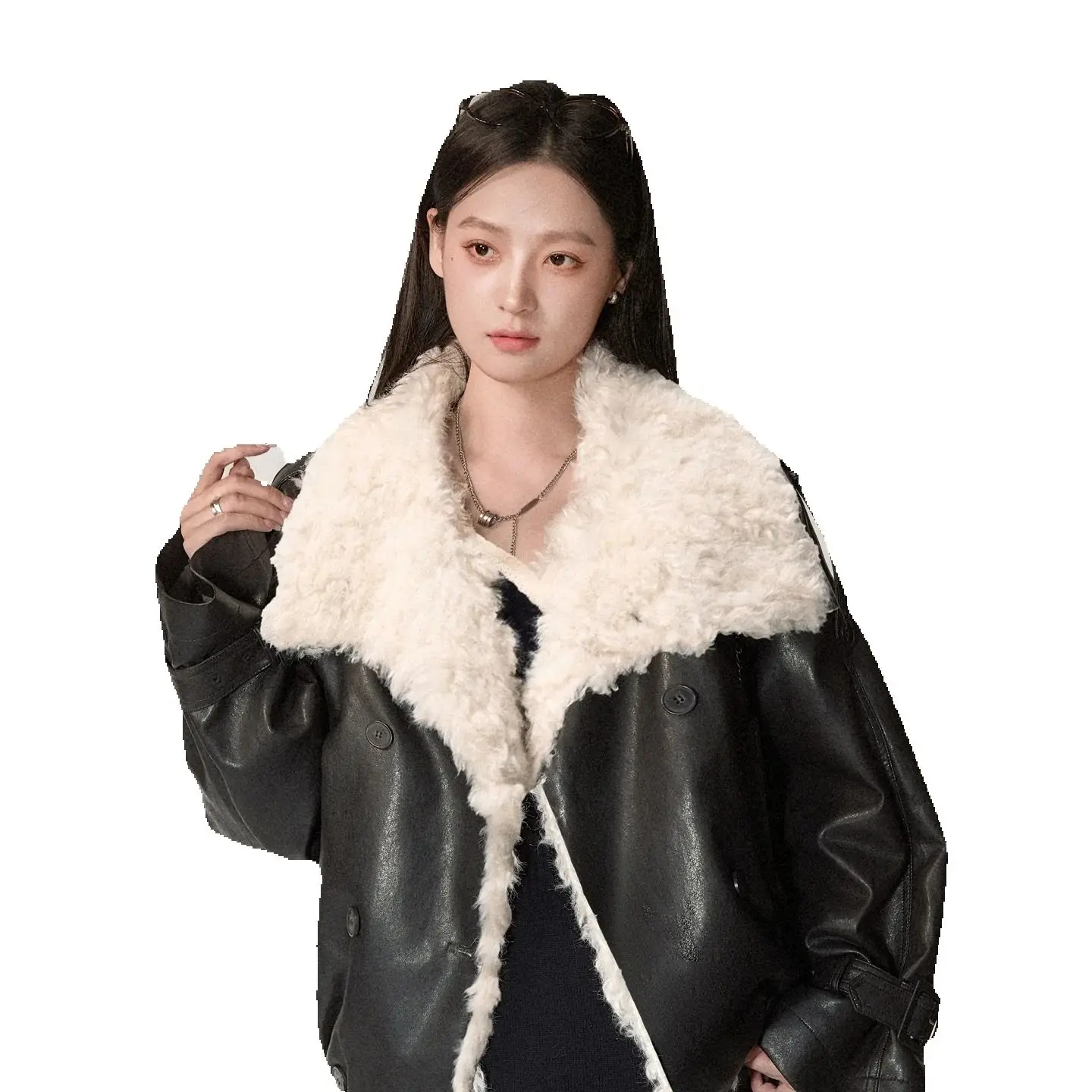 Warm Loose One-piece and thickened lambskin and fur Coat for women 2025 winter leather jacket lapel, eco-friendly fur top