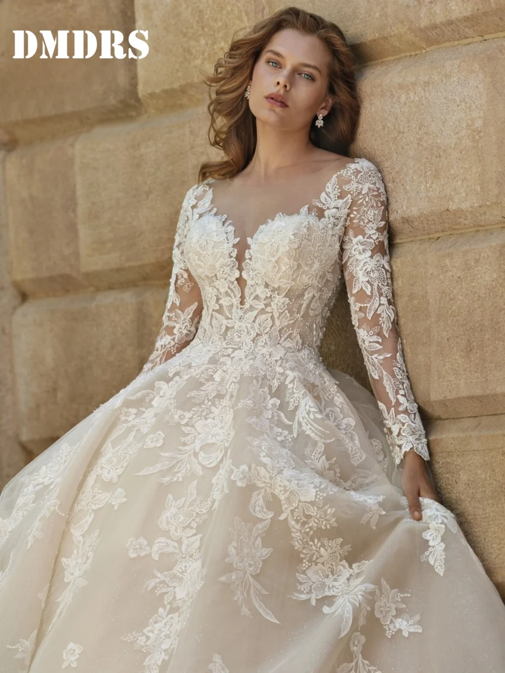 Klassische Langarm-Brautkleider, stilvolle Brautkleider mit Applikationen, sexy A-Linie, bodenlange Brautkleider, Vestidos De Novia