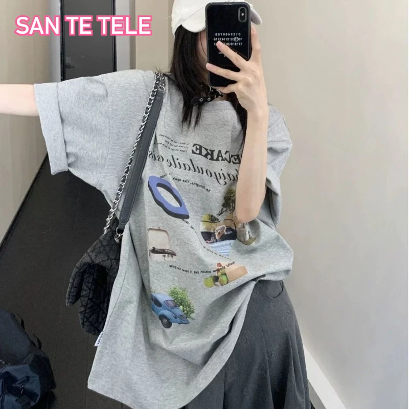 

Loose Cotton Oversize Short Sleeve Women's T-shirt White Grey American Retro Couple Half Sleeve Korean Letter Print Shirt Top