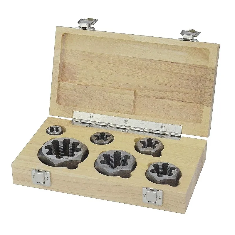 

Drill America - DWTHXNPT-Set 6 Piece NPT Pipe Die Set, 1/8",1/4", 3/8", 1/2", 3/4" and 1",Rethreading, Carbon Steel, Wooden Case