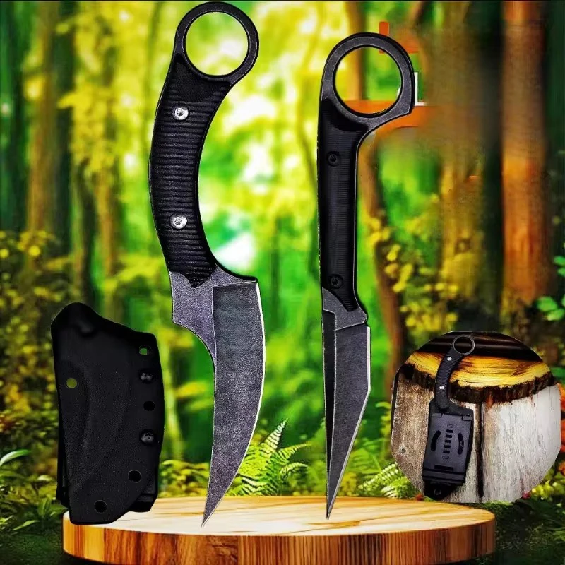 Coltello da esterno Strumento EDC Pietra lavata Alta durezza Coltello dritto tattico multifunzionale da esterno affilato + Coltello piccolo con