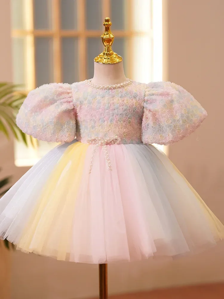 Rainbow Girls Spanish 3D Floral Ball Gown Children's Princess Dresses Infant Birthday Wedding Party Dress kids Boutique Clothes