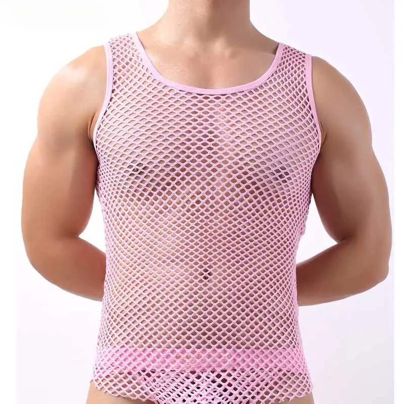 Pink Mesh See Through Fishnet Tank Top Men 2021 Sexy New Perspective Sleeveless Fitted Muscle Top Male Bodybuilding Top Tees XL