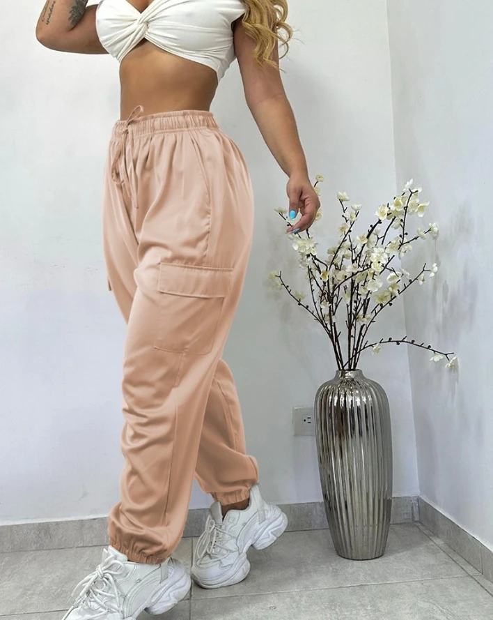 Pantalones largos deportivos de cintura alta para mujer, pantalón informal a la moda, diseño con bolsillos, cintura elástica con cordón, Cargo con puños, primavera 2024