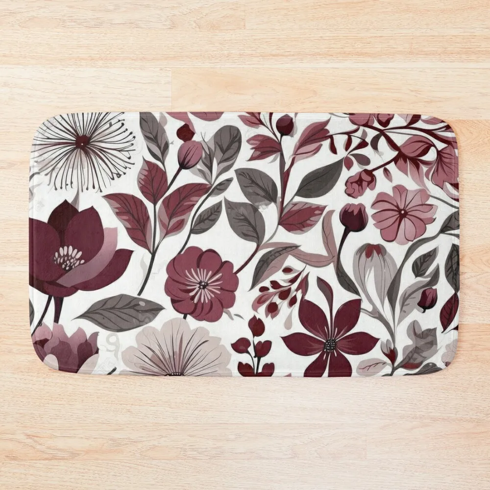 

Deep burgundy, grey & white scandi floral pattern Bath Mat Rugs Living Room Hallway Carpet Floors DoorFor Entrance Door Mat