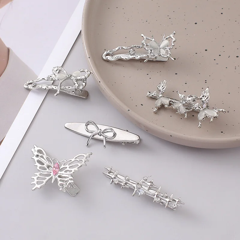 Silver Bow Sweet and Cool Metal Small Star Side Hair Clip Niche Design Liquid Metal Bangs Clip Exquisite Duckbill Clip Headband