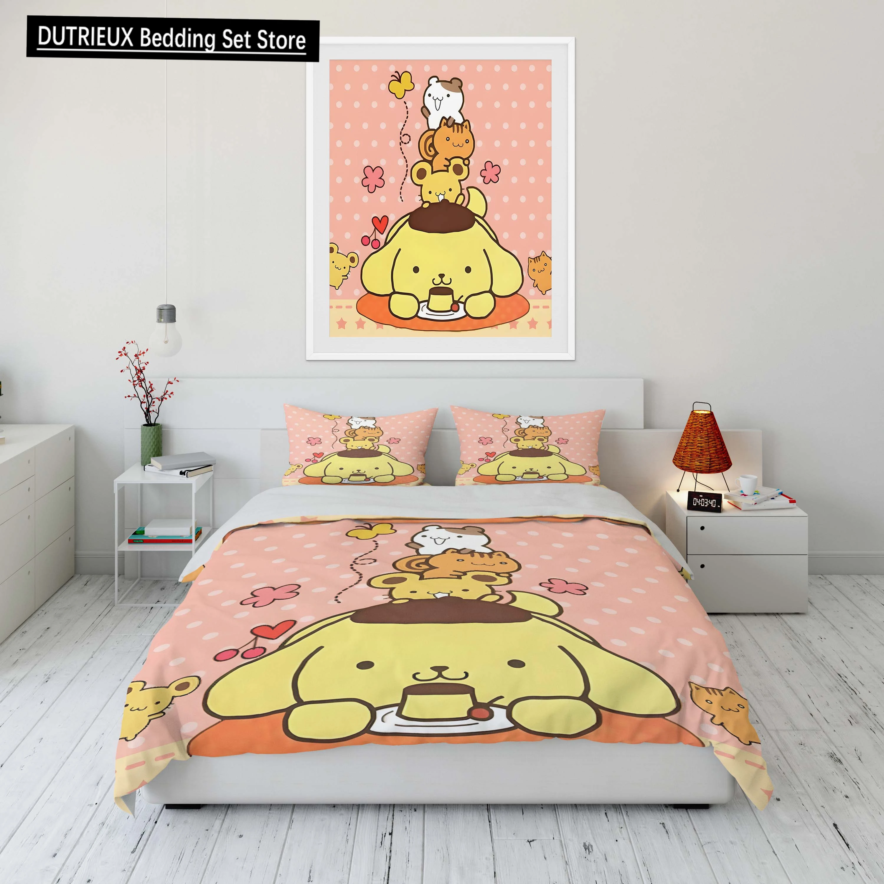 

10 Sizes Sanrio Pom Pom Purin Printed Bedding Set Cartoon Microfiber Bed Set Pillowcase Adult Bed Cover Bedroom Bed Set Duvet