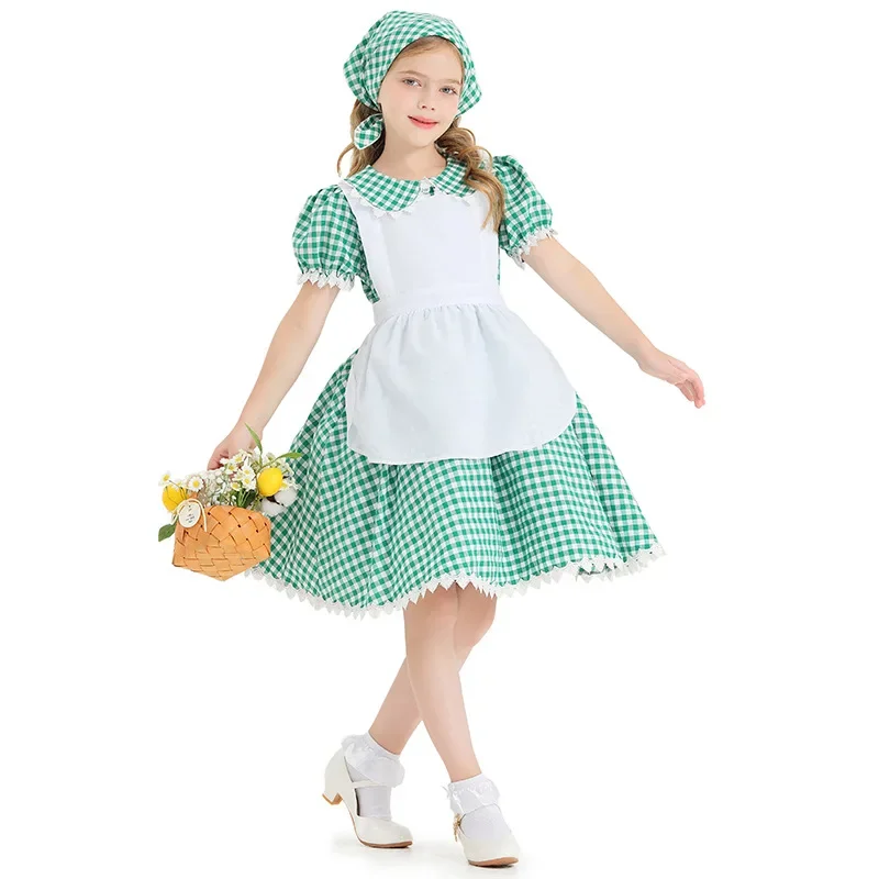 

Halloween Kids Cosplay Costume Child Kids Colonial Prairie Pioneer Girl Costume Dress Green Plaid Game Party Party Gift