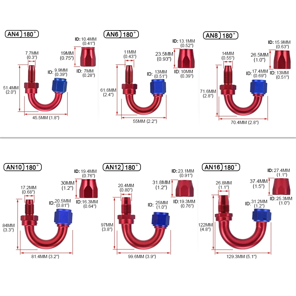 Universal AN4 AN6 AN8 AN10 AN12 Fuel pipe 0+45+90+180 Degree 10pcs End Fittings Oil Fuel Swivel Hose Oil Hose End Adaptor Kit