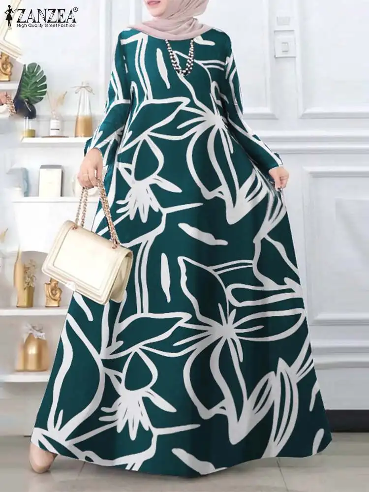 

Fashion Women Floral Print Maxi Dress ZANZEA Muslim Abaya Hijab Sundress Robe Femme Long Sleeve Loose Vestidos Islamic Clothing