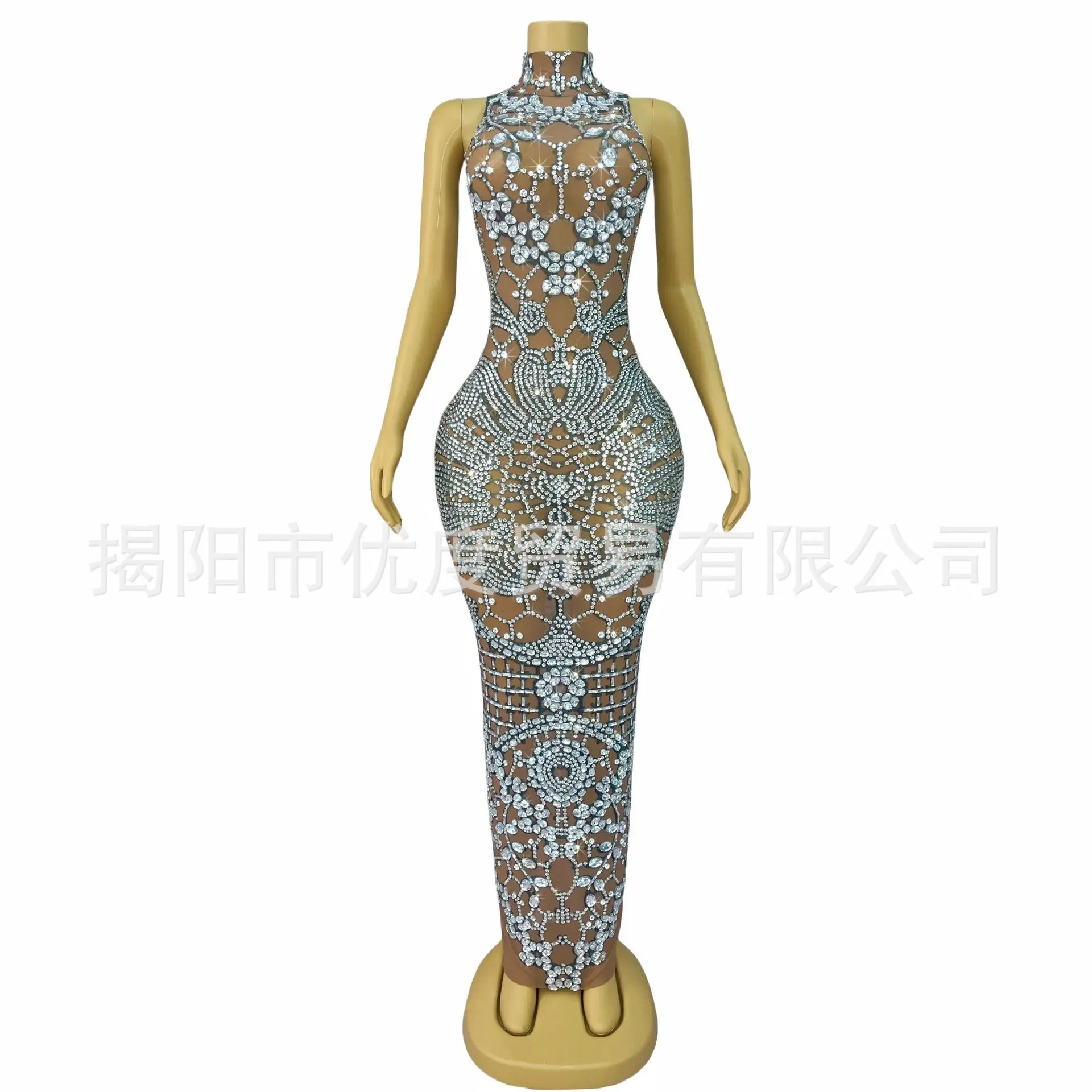High Neck Sleeveless Pattern Handmade Rhinestones Skinny Perspective Mesh Birthday Dress Cocktail Party Ball Night Long Dress