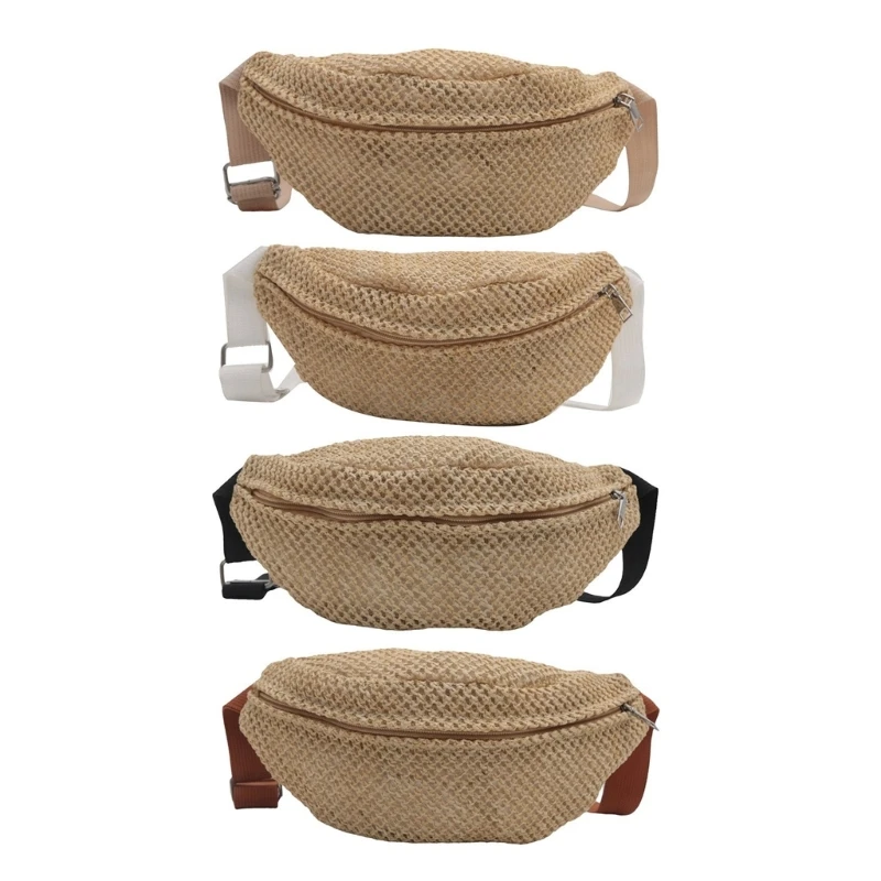 Multipurpose Woven Straw Waist for Women Beach Crossbody Chest Bag Zippered Fanny Pack for Outing and Vacation