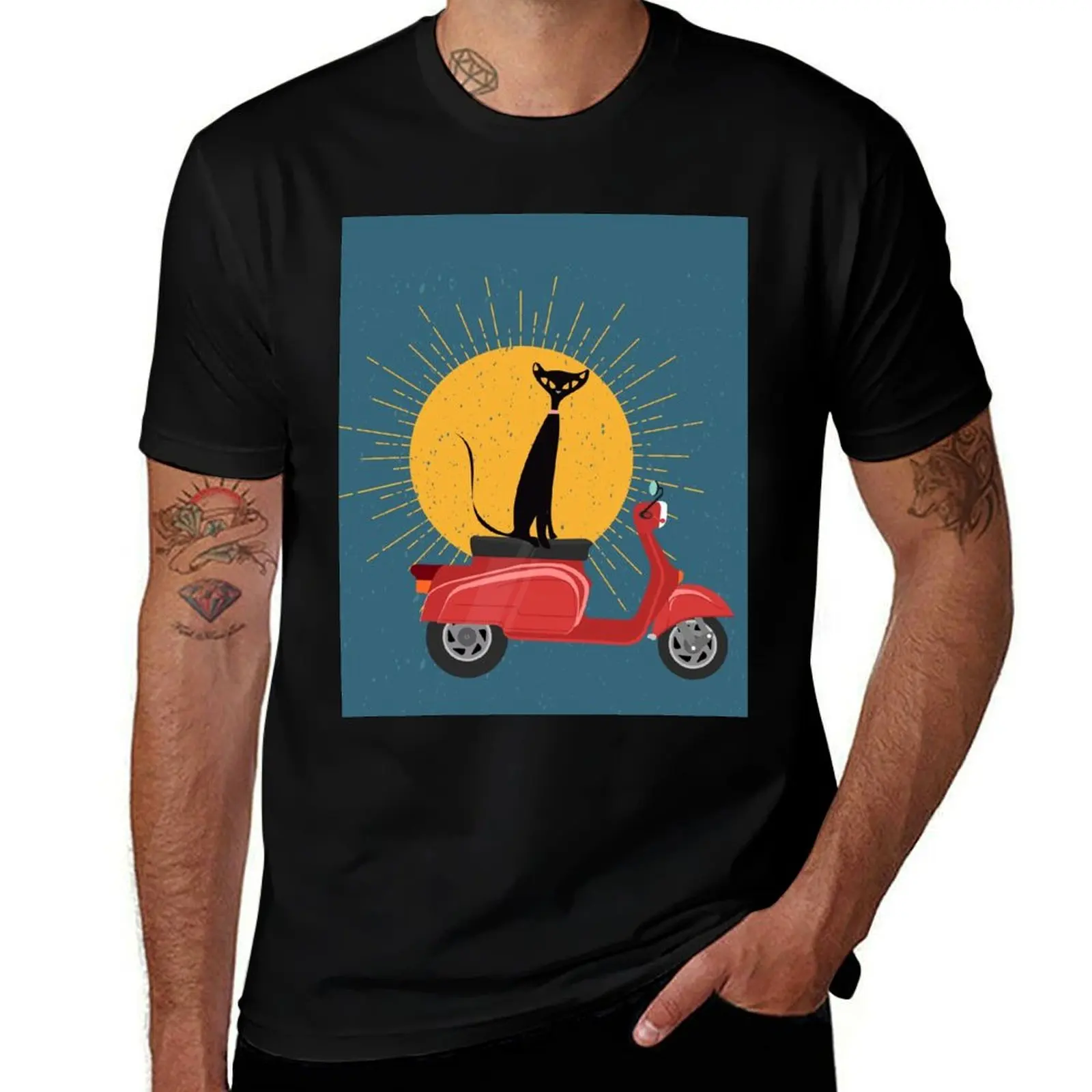 

Mid Century Cat Sitting on a Vintage Scooter T-Shirt man t shirt designer graphic t shirts for man T-shirt