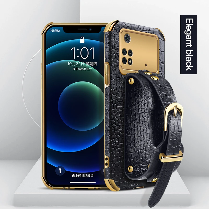 

Crocodile Texture PU Leather Phone Case for Poco M7 M5s M3 M4 Pro 4G M6 Plus 5G Wrist Strap Stand Holder Soft Phone Cover Cases