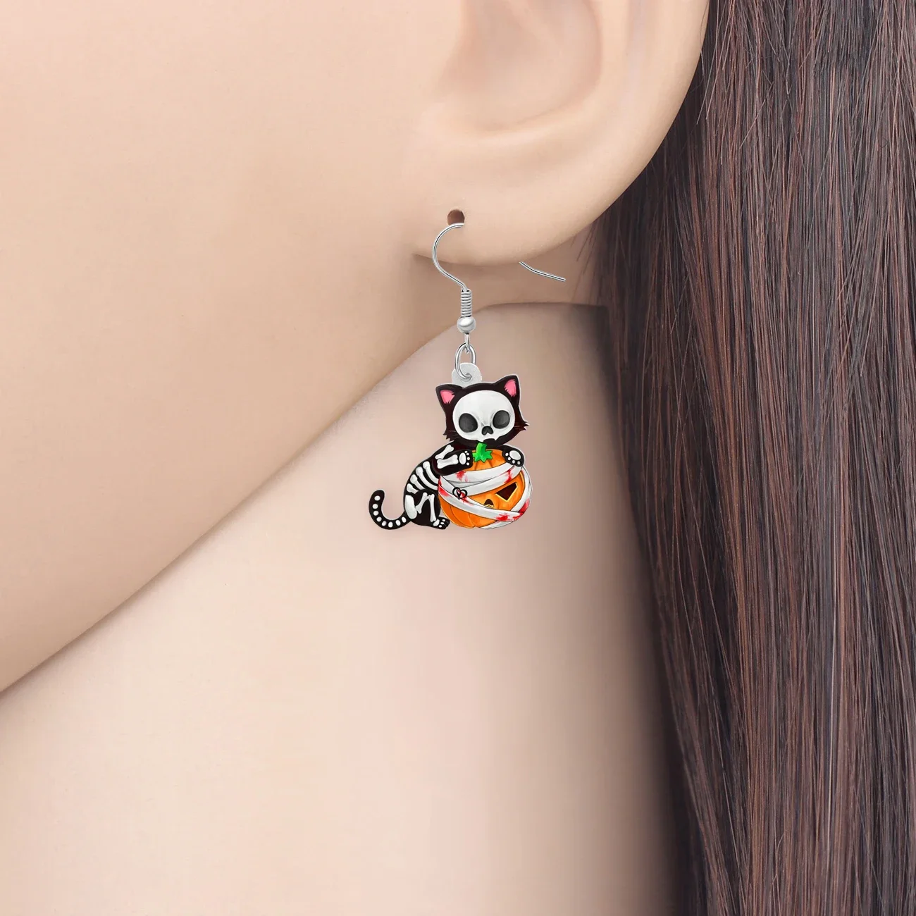 WEVENI Halloween Acrylic Terrible Cat Skeleton Pumpkin Dangle Drop Earrings Spooky Kitten Jewelry Gifts For Women Girls Teens