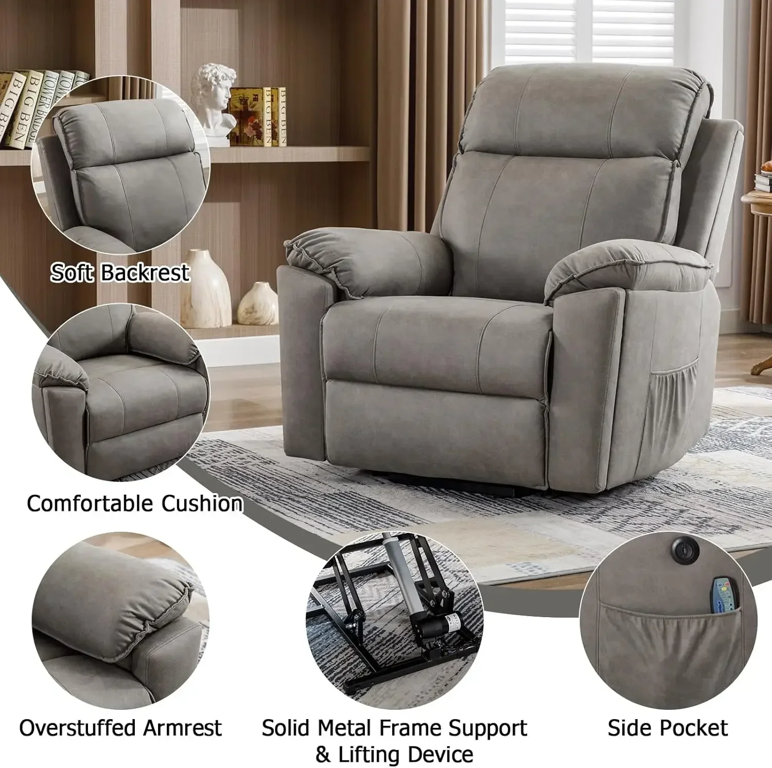 Large Power Lift Chair with Massage and Heat for Elderly Recliner, Brown