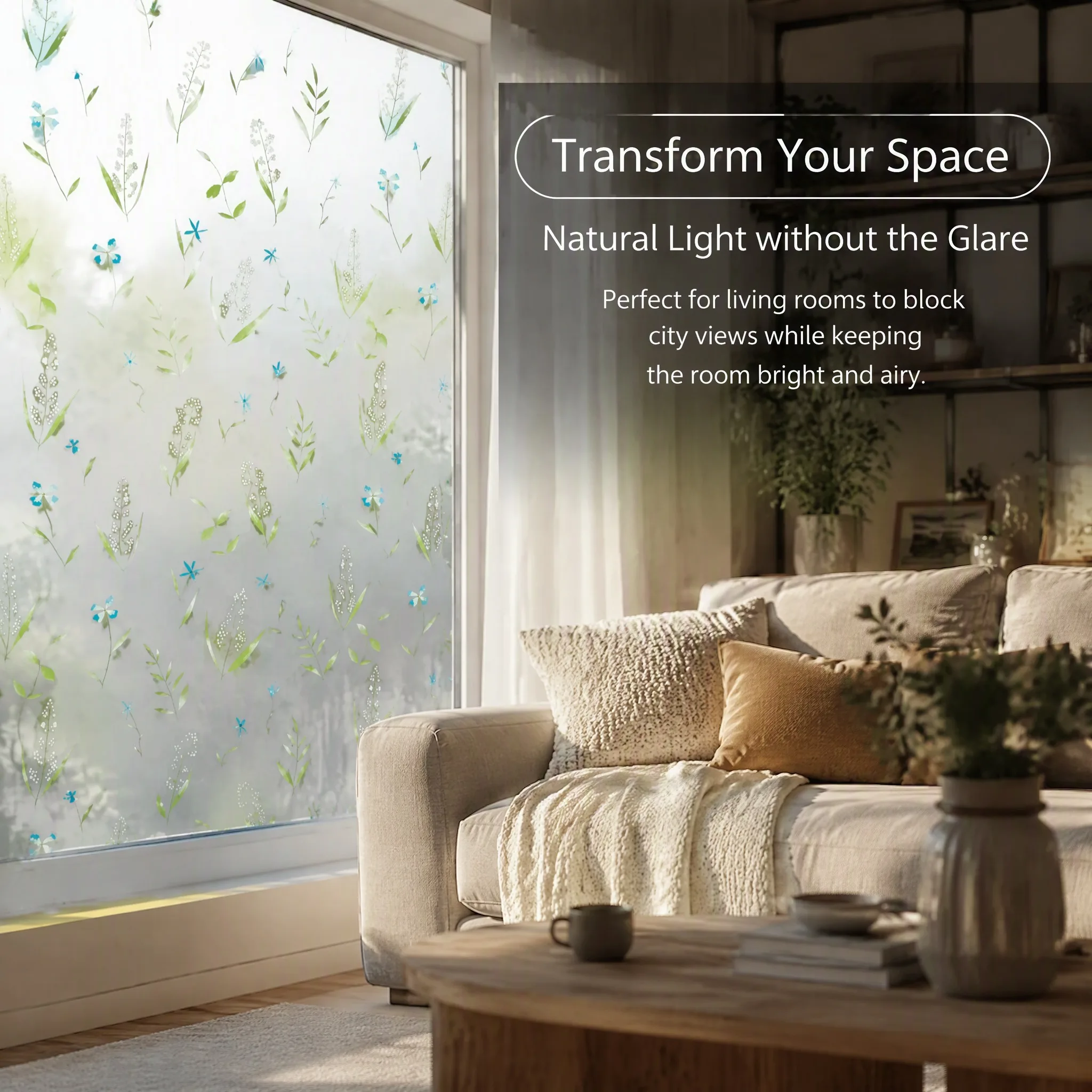 Self‑Adhesive Botanical Window Film Floral Frosted Glass Sticker Anti‑Peeping UV Protection Removable No Residue Privacy Decor