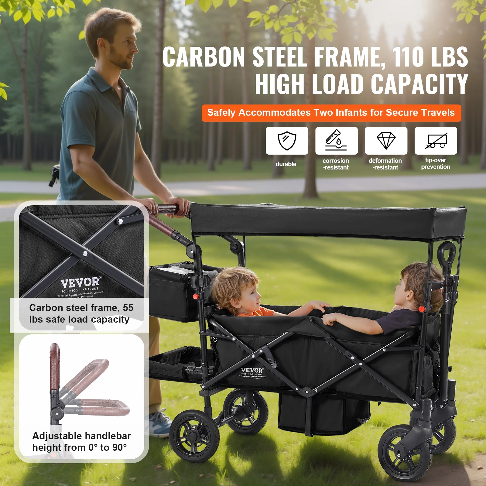 VEVOR Wagon Stroller for 2 Kids Push Pull Quad Collapsible Stroller with Adjustable Handle Encircling Harness Removable Canopy