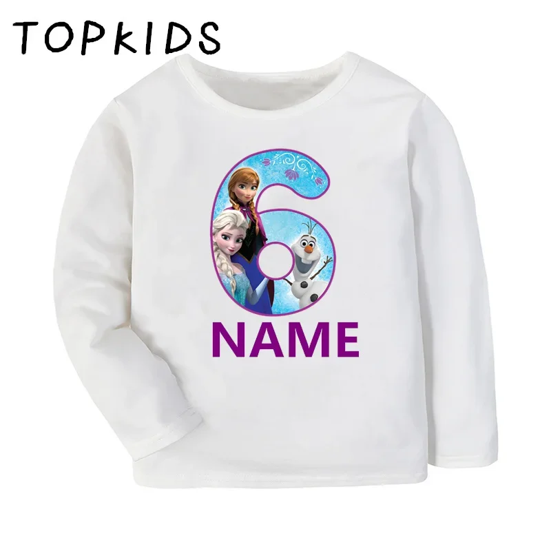 Frozen Elsa Anna Princess Print Girls T shirt 1 2 3 4 5 6 7 8 9 Years Birthday Number Bow Kids Long Sleeve T-shirts Boy Clothes