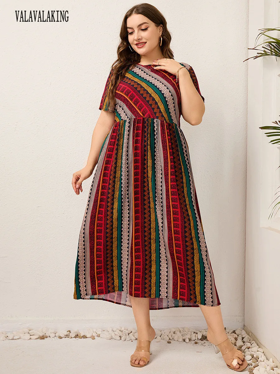 2025 Casual O-Neck Striped Plus Size Dress Women Patchwork Short Sleeve Large Midi Dress Ladies Chubby Curvy Pleated Long Dress