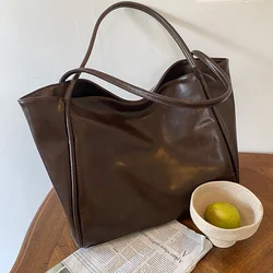 Women Tote Bag Retro Solid Color Underarm Pouch For Student Large Capacity Soft Pu Leather Shoulder Bag Fashion Portable Bucket