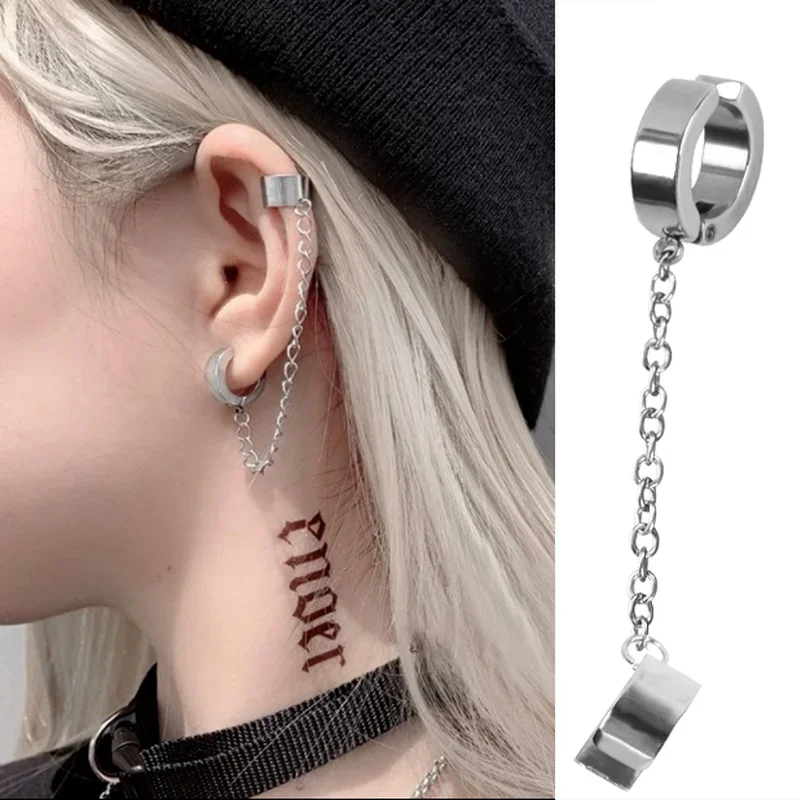 Pendientes de cadena colgantes con Clip para oreja de acero y titanio para hombres y mujeres, aretes Punk Rock Goth Cool Hip Hop Kpop, joyería para adolescentes, 1 ud.