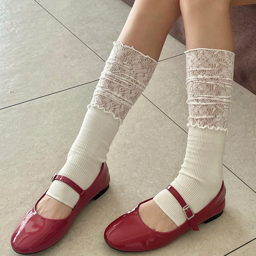 Ballet Style Spliced Lace Women Leg Warmers Summer Thin Sweet Hollow Out Footed Slouch Socks Lolita JK Dress Daily Calf Socks