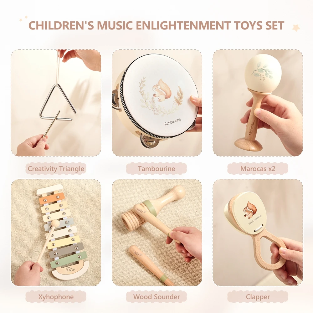 Montessori Musikinstrumente für Kinder Holz Baby Spielzeug Kind Musikinstrument Kleinkind Spielzeug Eichhörnchen Instrument Sets Geschenk