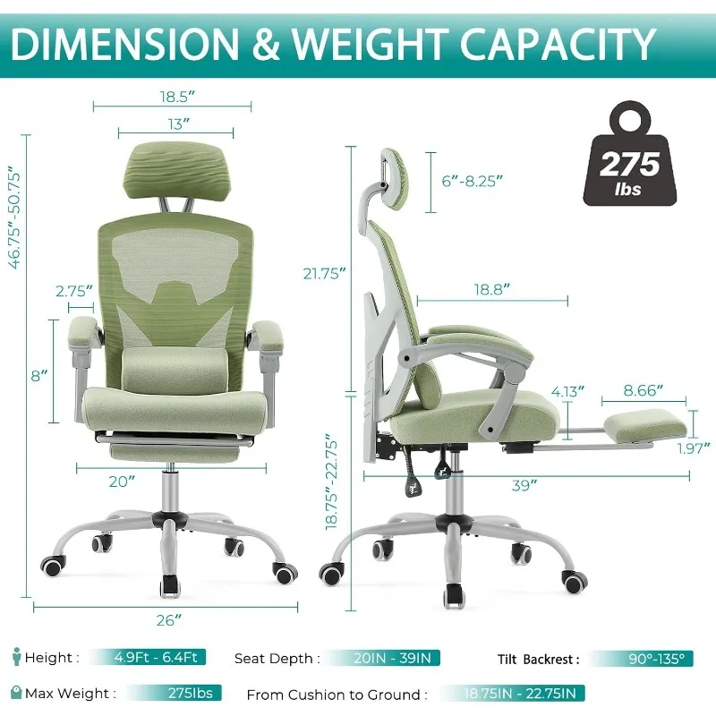 Home Office Desk Chair with Footrest, High-Back Mesh Rolling Swivel with Wheels, Comfortable Headrest, for Home, Office, Green