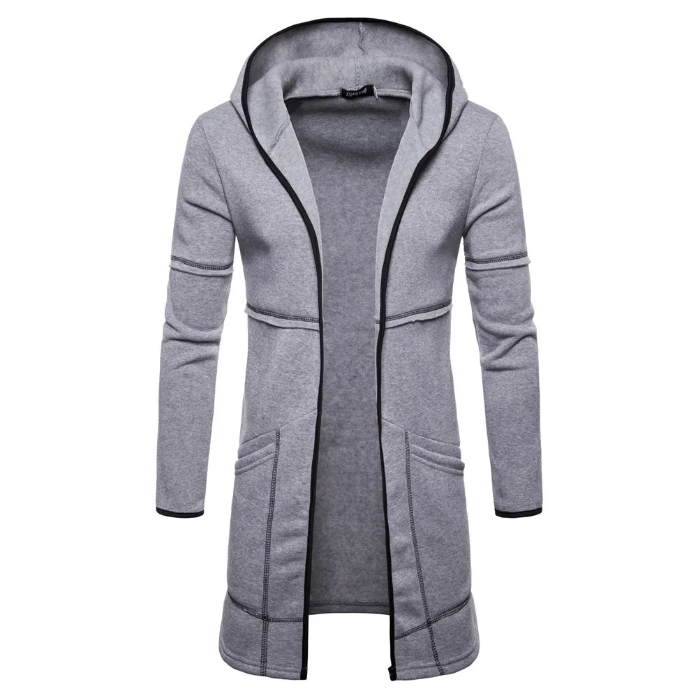 

Long Cardigan Zip Up Hoodies Mens Winter Hooded Patchwork Sweatshirt Coats Knee-Length Pockets Thick Oversize Outwear Jackets