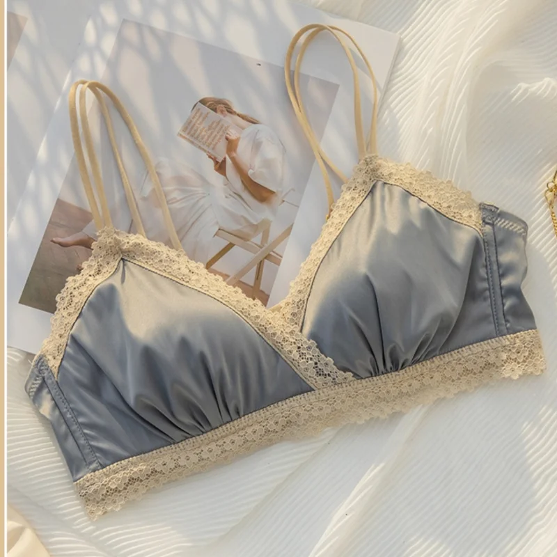 Conjunto de roupa interior feminina de cetim macio sexy ultrafino sutiã e calcinha conjunto de renda bralette sem fio conjunto de lingerie íntima