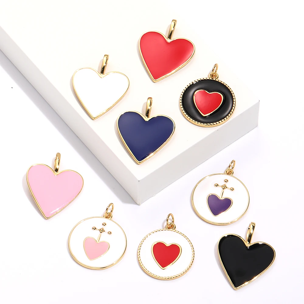 Luxury Gold Color Heart Metal Copper Enamel Love Medal Heart Charms for DIY Earrings Necklace Jewelry Making Pendant Supplies