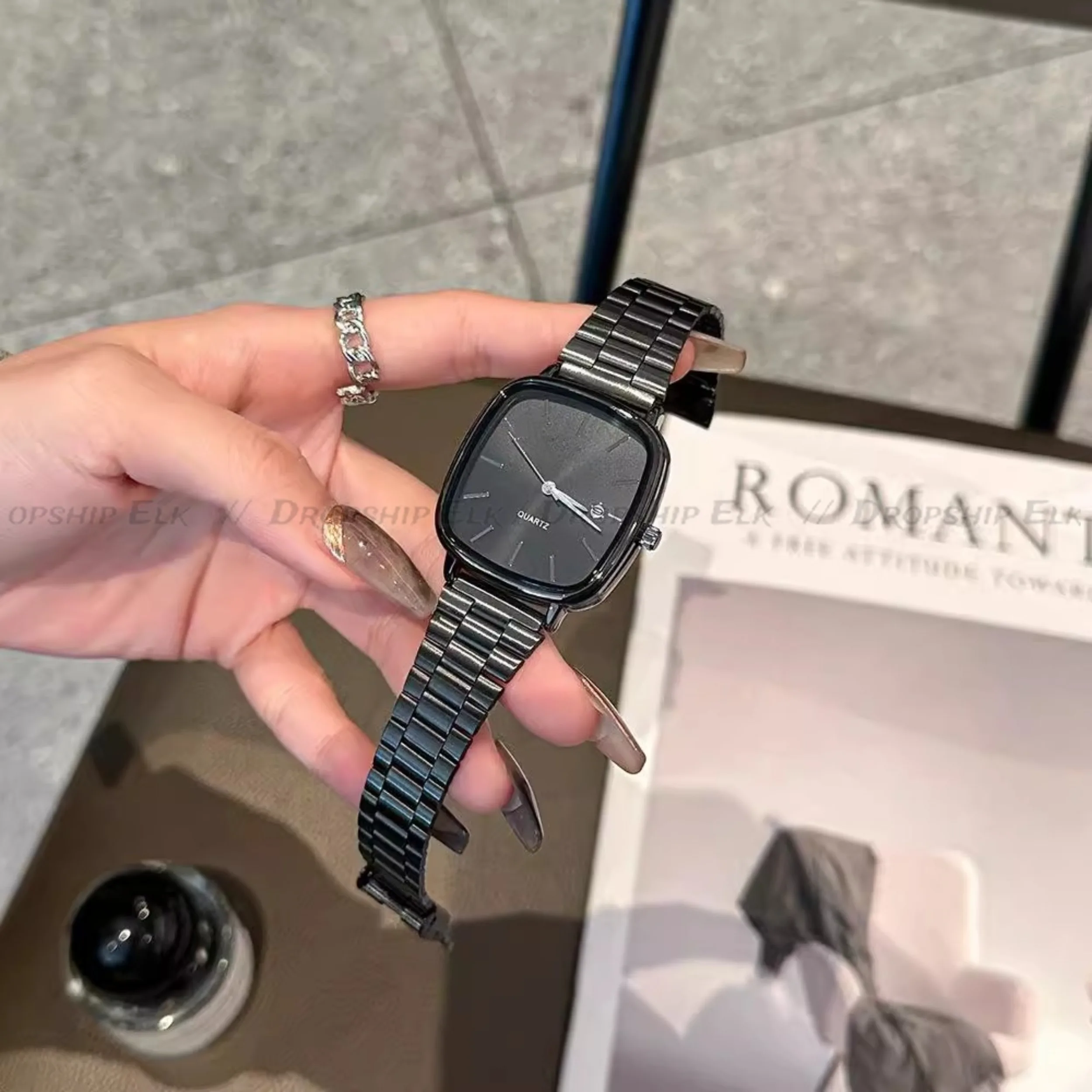 High Quality Minimalist Square Fashion Watch Business Mens Metal Watch Stainless Steel Chain Multi-scene Commuter Calendar Watch
