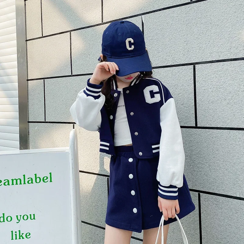 Kids Costume Teen Girls Clothing Set 2024 Autumn Casual Jackets Skirt School Tracksuit Children\'s Baseball Outfits 10 12 Years