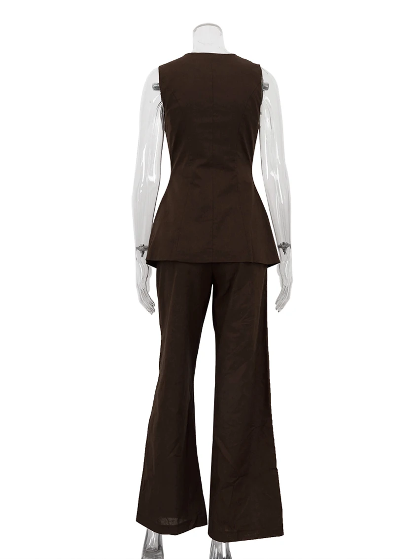 Marthaqiqi Brown Female Nightgowns Suit O-Neck Sleepwear Tank Tops Pajamas Sleeveless Nightwear Pants Casual Women Nightie Sets